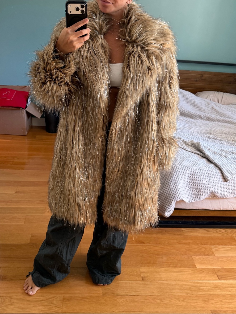 Badgley Mischka Faux Fur Coat in Taupe and silver strands